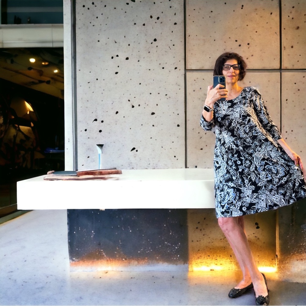 Wonderful stretchy Rayon dress! Black and white, embellished imported fabric.
